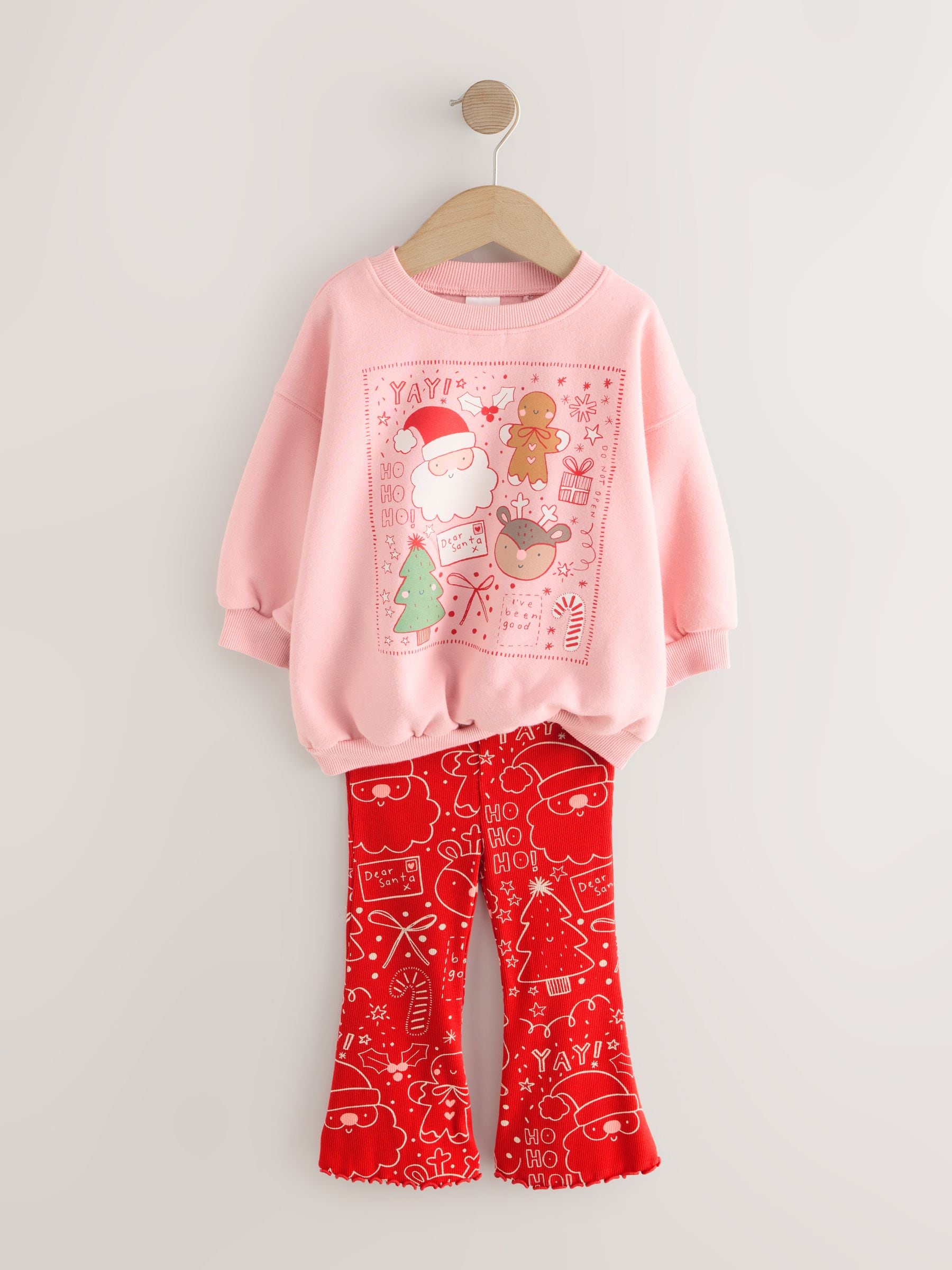 Roze/rood - Kerstset van sweater en uitlopende legging (3mnd -7jr)