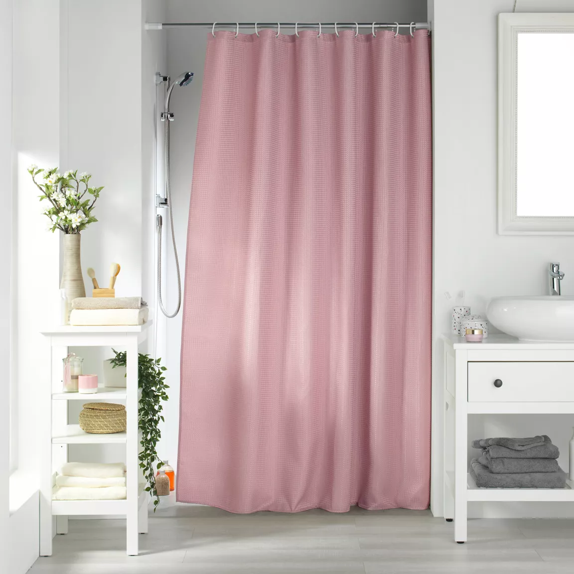 Rideau de douche effet tissé à anneaux (180 x 200 cm) Quartz Rose poudré