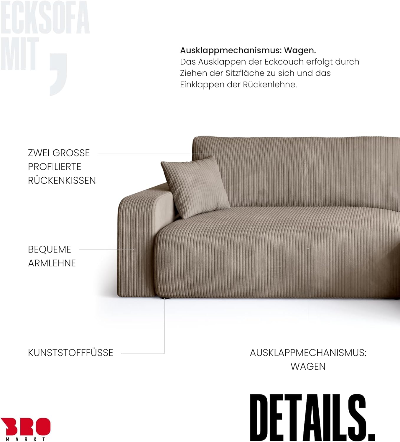 BROMARKT Ecksofa mit Schlaffunktion und Bettkasten Cordstoff Sofa Dreisitzer Schlafsofa Eckcouch Relaxsofa für Wohnzimmer Wohnlandschaft L-Form Bisk 275x170x85cm Beige