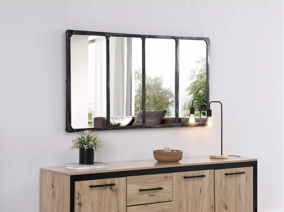 Miroir fenêtre industriel en métal - L. 140 x H. 75 cm - Noir - MAASTRICHT