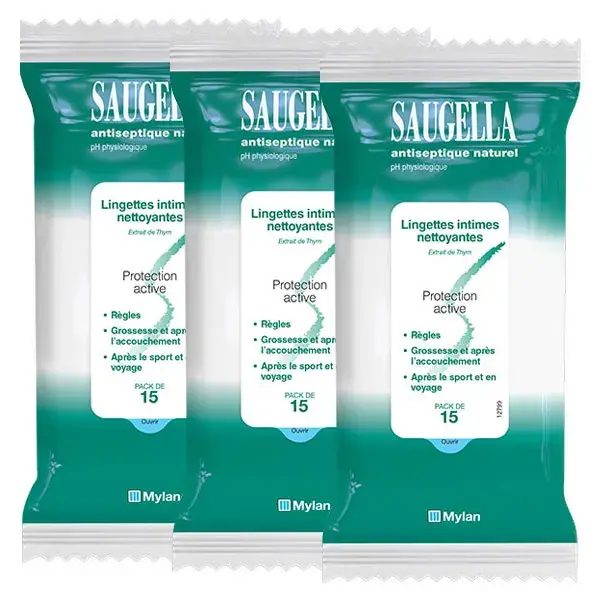 Lenços umedecidos antissépticos naturais Saugella para higiene íntima, 15 unidades - Pacote com 3 unidades