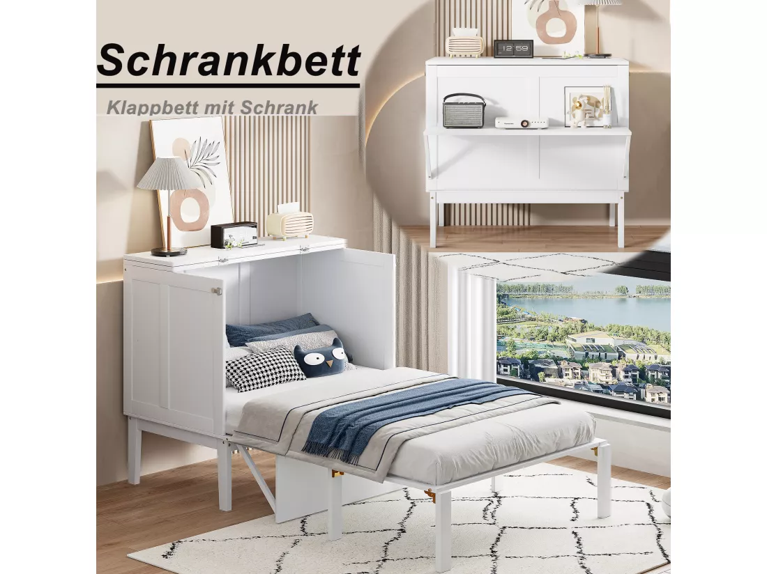 Lit escamotable vertical 90 x 200 cm avec sommier à lattes, contreplaqué + MDF, blanc (sans matelas)