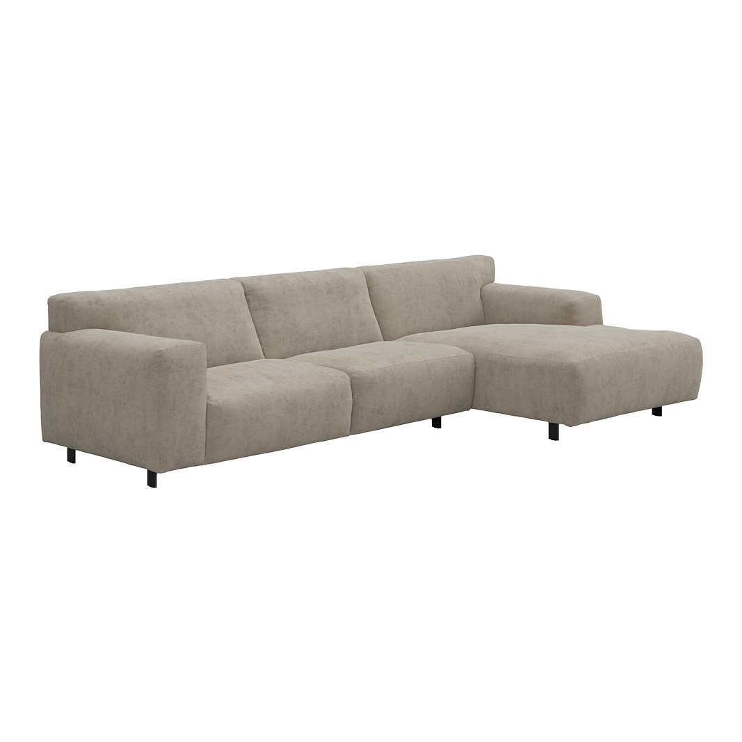Vesta 2,5-seter med sjeselong høyre I Tekstil Eros Stone, standardsøm, sort metallben 10 cm, Comfort CM