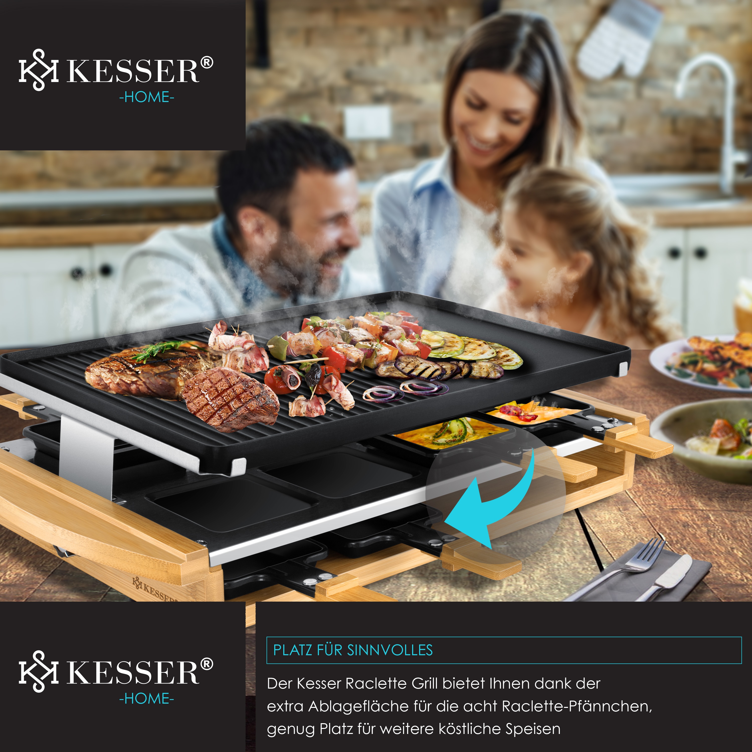 KESSER® Raclette-Grill mit Naturgrillstein, Grillplatte Tischgrill für 8 Personen, Elektrogrill Raclette Grill antihaftbeschichteter Grillplatte, 8 Pfannen und Holzspatel 1200W