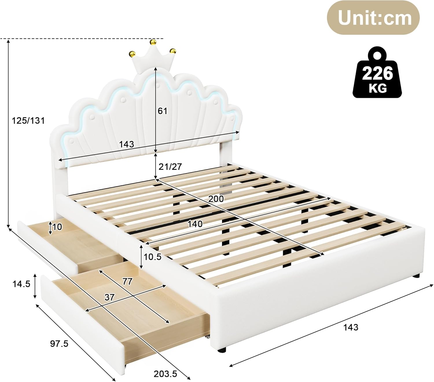 Merax Kinderbett 140x200, Polsterbett für Mädchen Kronen-Doppelbett mit verstellbarem Kopfteil, 16 Farben LED-Streifen, aus PU-Leder Bettrahmen mit Lattenrost und 2 Schubladen (ohne Matratze), Weiß