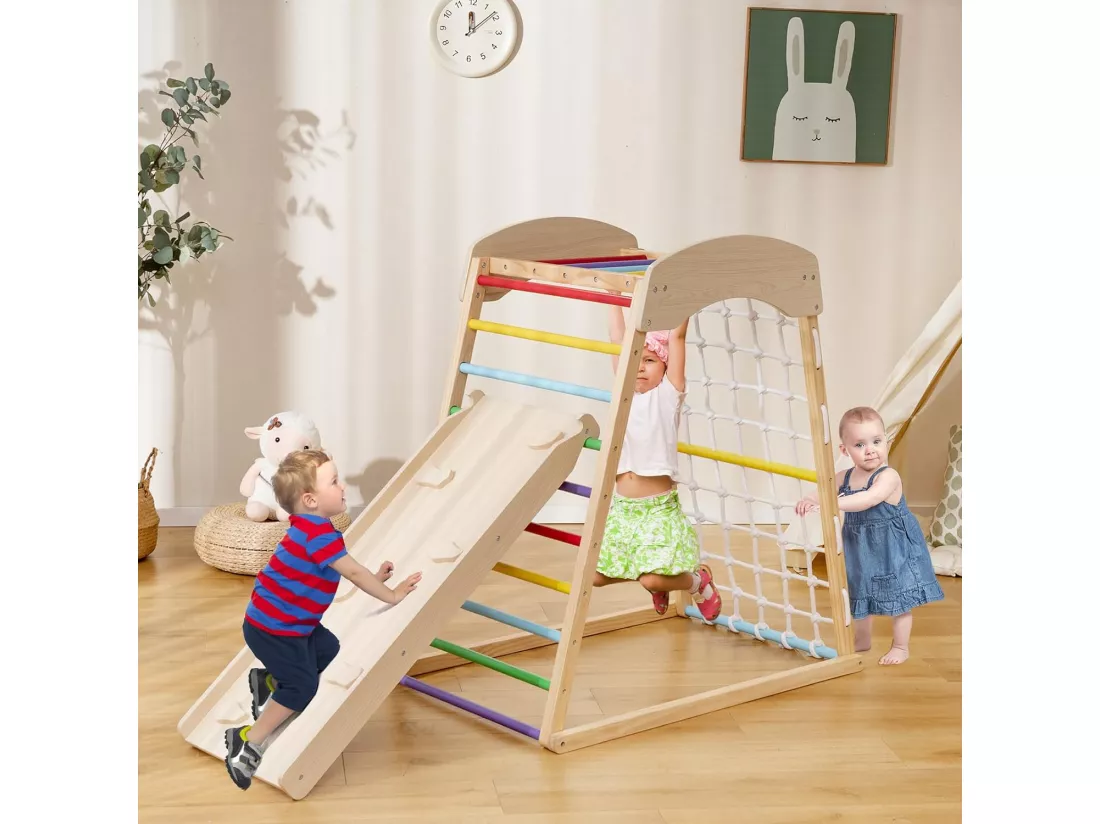6 en 1 Triangle d'escalade en Bois Enfants avec Rampe Double Face, Aire de Jeu d’Escalade Intérieur avec Inclinaison Réglable, Filet et Echelle pour Grimper & Glisser pour 1 an+ (Multicolore)