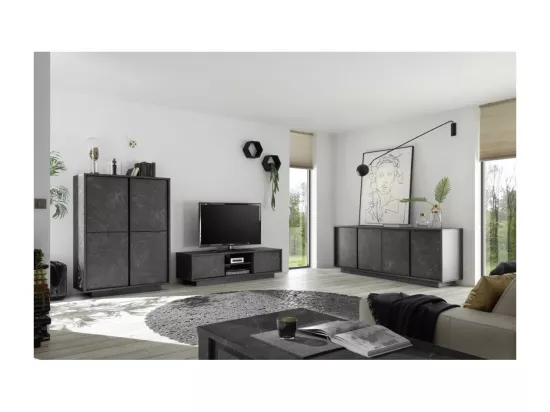 Argentier 4 portes, collection COLOMARMO, coloris noir effet marbre, idéal dans votre salon ou salle à manger