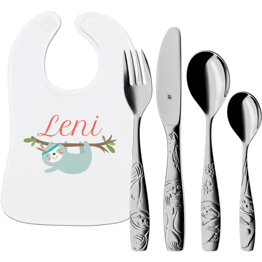 Schnullireich Geschenkset mit Namen WMF Kinderbesteck Tommy + Lätzchen Kleines Faultier Silber