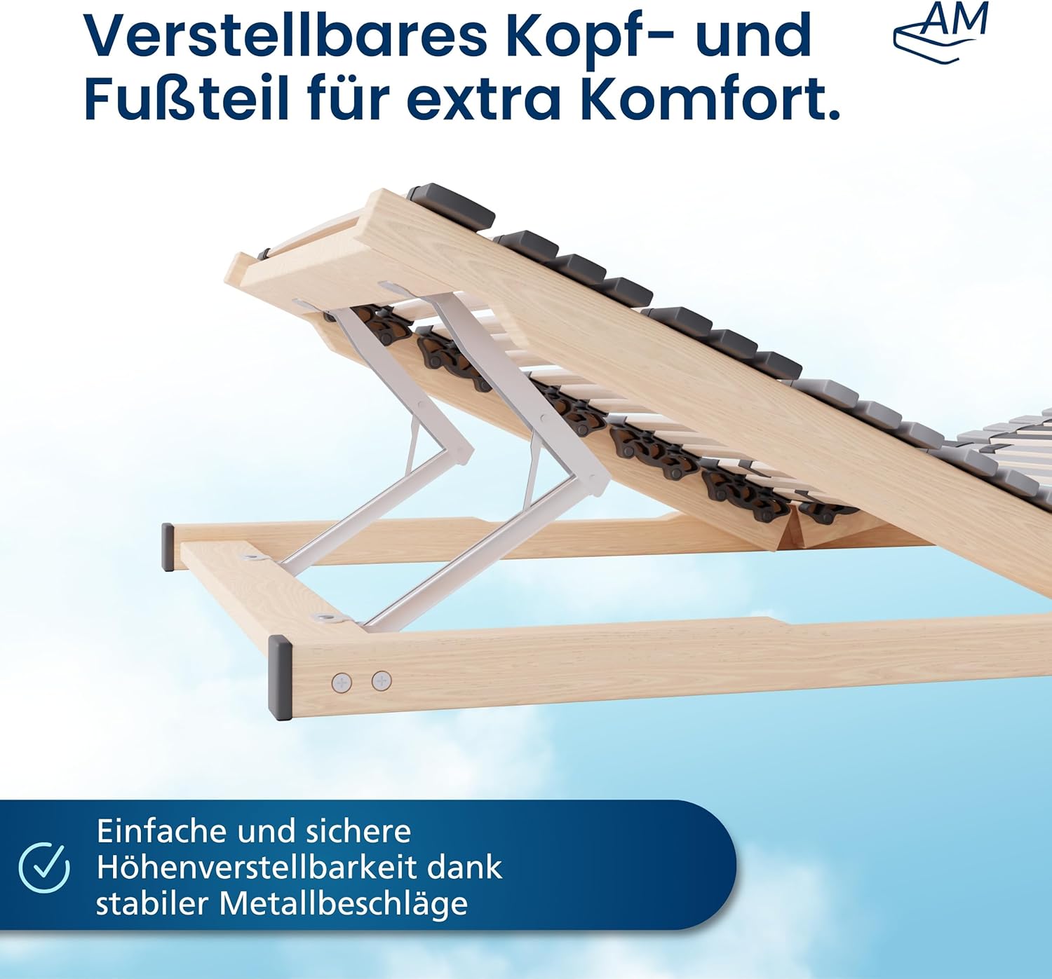 AM Qualitätsmatratzen 7 Zonen Lattenrost 90x200 verstellbar mit 44 Federleisten - Made in Germany - Verstellbarer Lattenrost 90x200 - Kopf und Fußteil - Holmabsenkung für Schulter und Becken