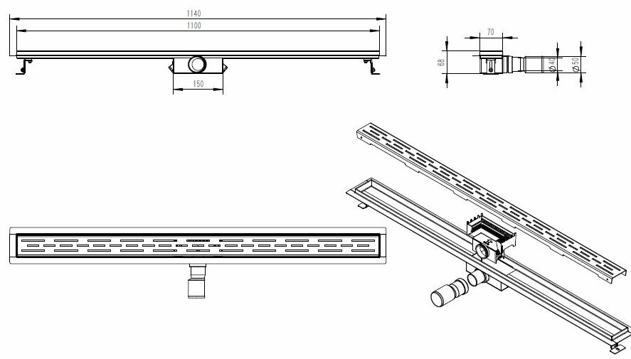Mueller Basic douchegoot RVS met flens 110x7cm