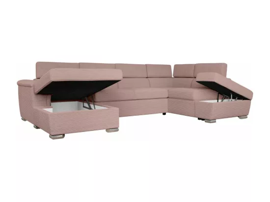 Canapé panoramique 6 places Paola convertible avec 2 coffres en velours côtelé - Rose - L320,5 x P188 x H76cm - Loungitude
