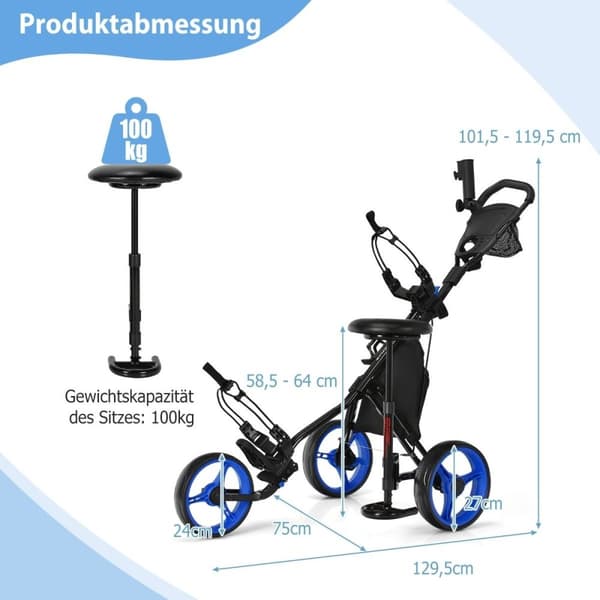 3 hjuls golfvogn laget av aluminium med paraplyholder og sete sammenleggbar golfvogn golf caddy blå
