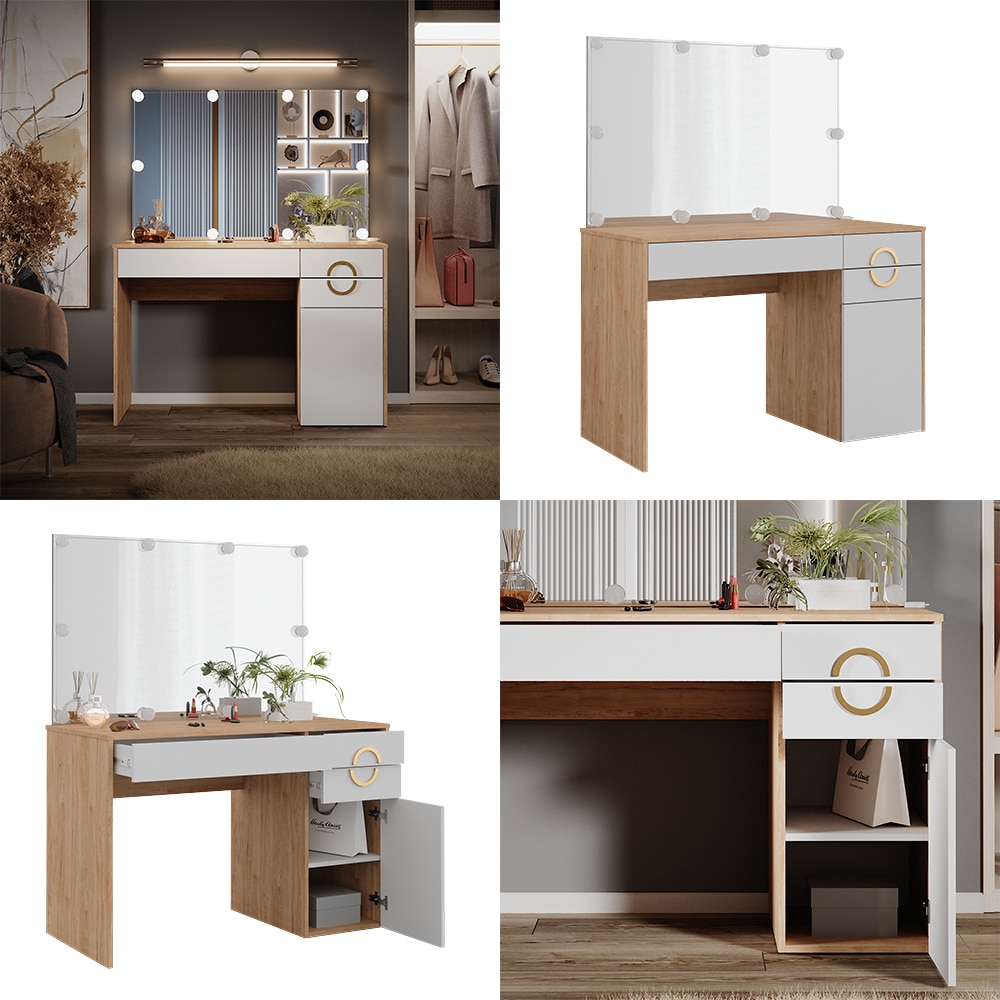 Vicco Schminktisch Adela Natural Rockford Hickory Weiß, 115 x 76 cm Spiegel, LED
