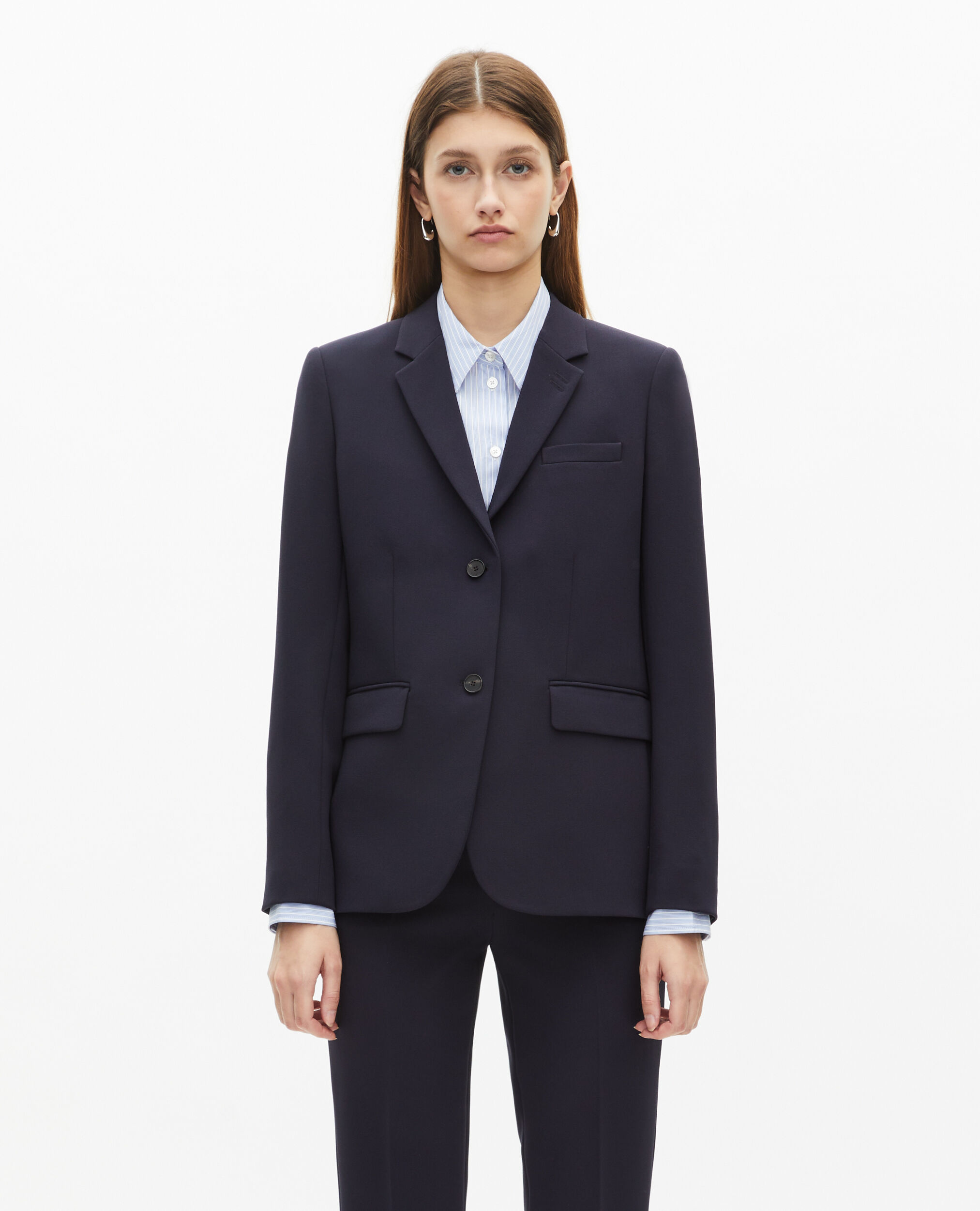Veste tailleur en crêpe coupe structurée bleu marine