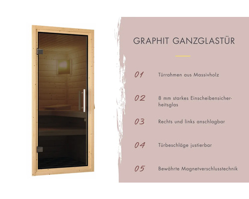 Karibu Gobina modulaire sauna zonder oven, met dakkroon en grafietkleurige volledig glazen deur
