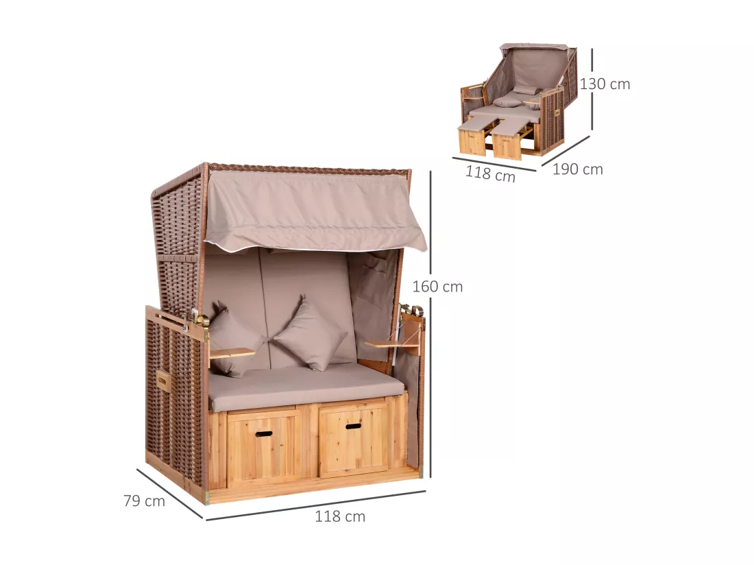 Outsunny Corbeille de plage 2 places pliable - Cabine de plage inclinable - abri plage strandkorb - coussins, repose-pieds, tablettes, pare-soleil - bois résine tressée polyester taupe