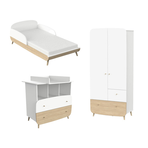 Chambre Trio Lit 70x140 + Commode + Plan à langer + Armoire FIRMIANA Blanc - CBA Meubles
