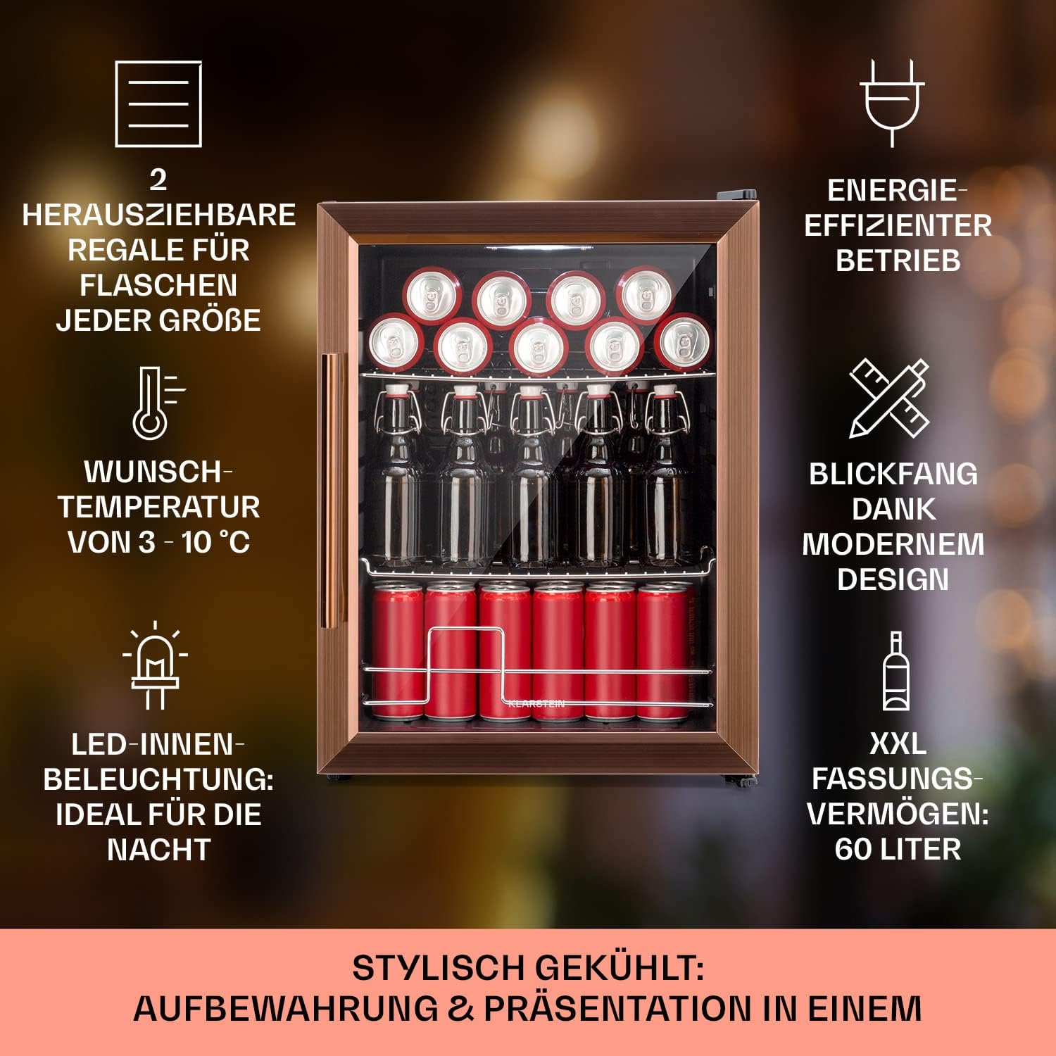 Klarstein Mini Kühlschrank mit Glastür & LED, für Zimmer, Getränkekühlschrank mit 2 Ablagen, Kleiner, 60L, Indoor/Outdoor, Leise & Wetterfest, 3-10°C