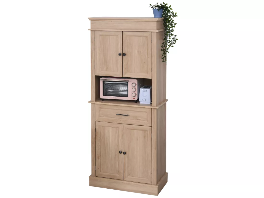 Armoire de cuisine multi-rangements 2 placards 2 portes tiroir niche MDF panneaux chêne clair