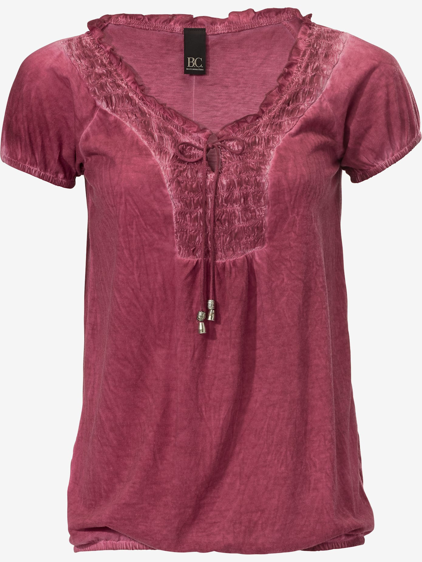 T-shirt en v look tendance avec empiècement smocké à l'encolure