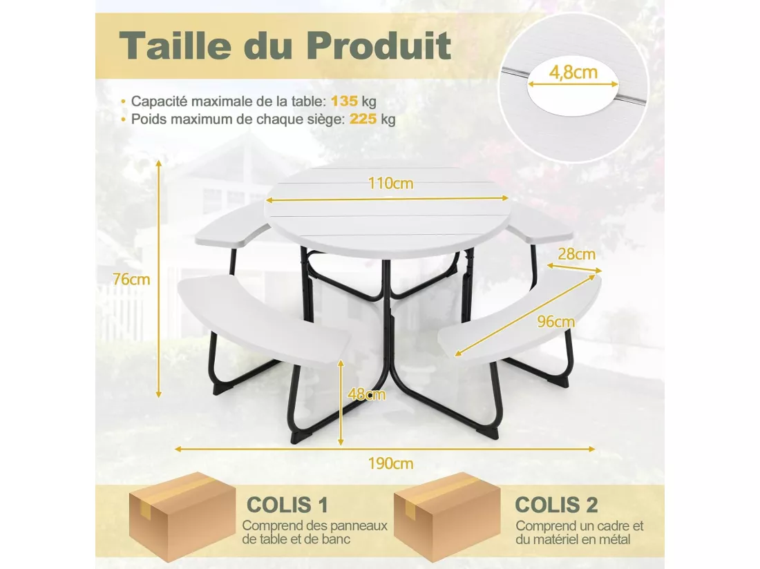 Ensemble Table de Pique-Nique avec 4 Bancs Intégrés, Ensemble de Jardin Table de Pique-Nique Circulaire 135KG Trou pour Parasol, pour Jardin Piscine, 190 x 76 cm (Blanc)