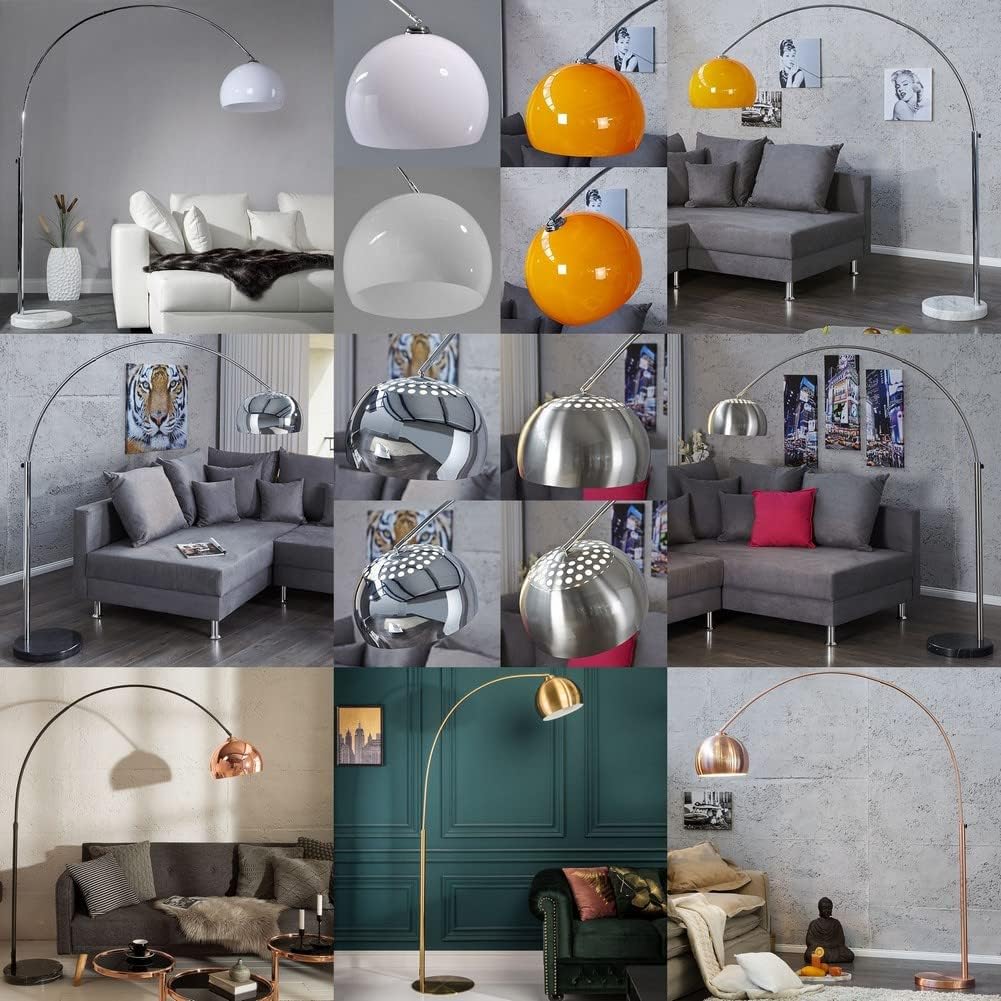 Design Retro Lounge Bogenlampe LUXX Orange & Chrom glänzend mit Marmorfuß Weiß 175-205cm Höhe verstellbar
