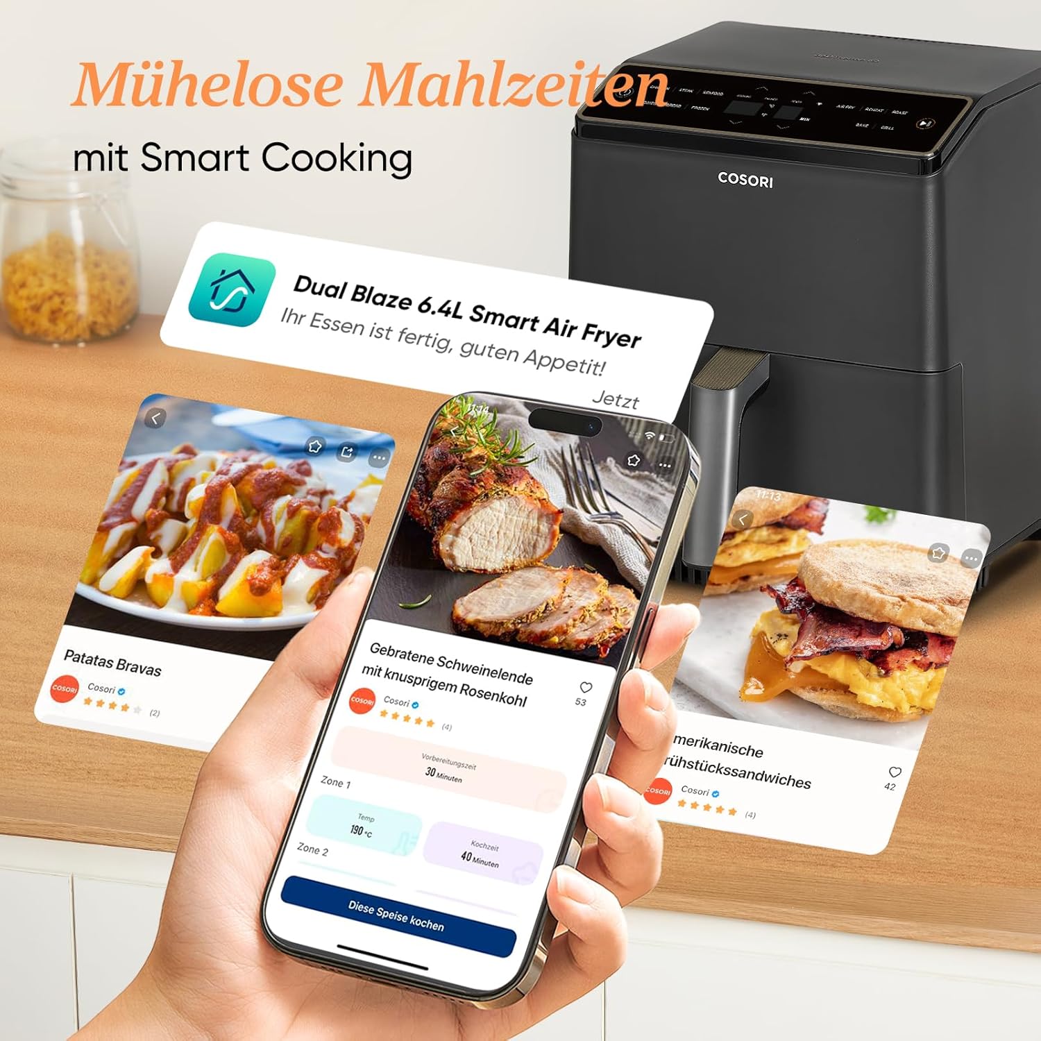 COSORI Dual Blaze Airfryer - Smart Heißluftfritteuse mit Wlan - 6,4L XXL Air Fryer - 11-in-1: Backen, Grillen, Brot, Hühnchen - 80+ Rezepte - spülmaschinenfest, Grau