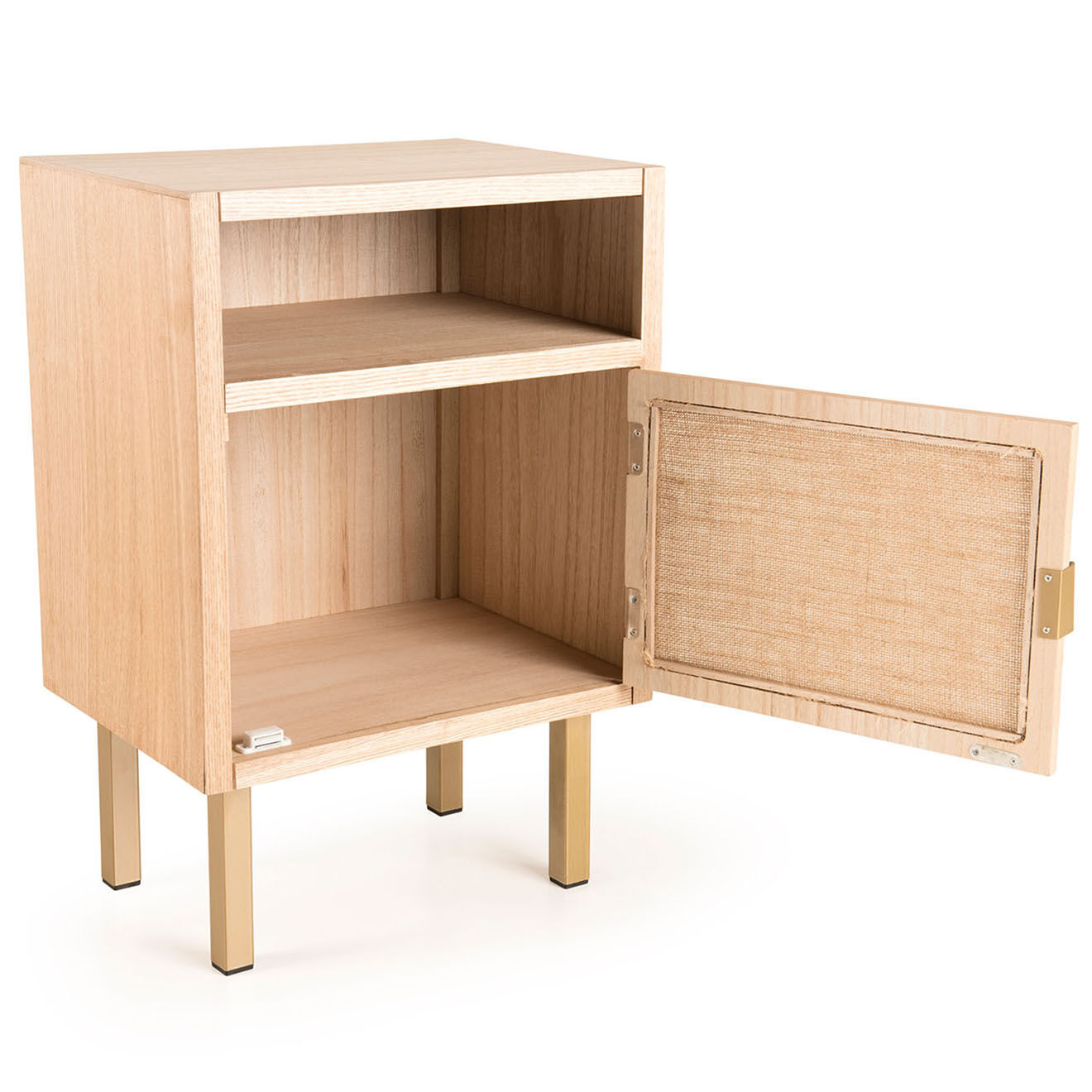 Macabane Chevet 1 niche 1 porte toile de jute aline bois/dorée - 40x30x59.5 cm