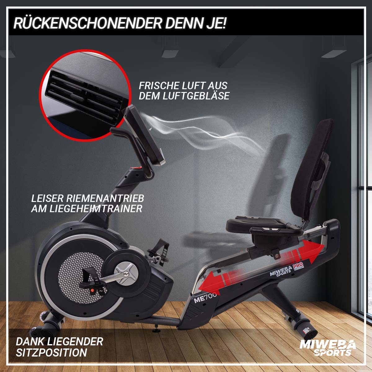 Miweba Sports Liegeergometer ME700, Heimtrainer mit Herzfrequenzkontrolle, Lautsprecher, Pulssensor