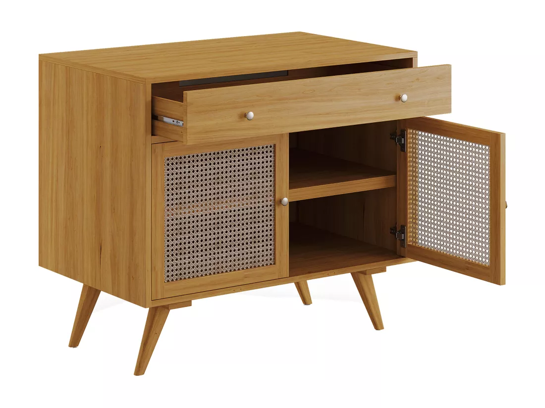 Meuble de salle de bain en teck clair et cannage avec vasque en céramique - 90 cm - MANSULAN