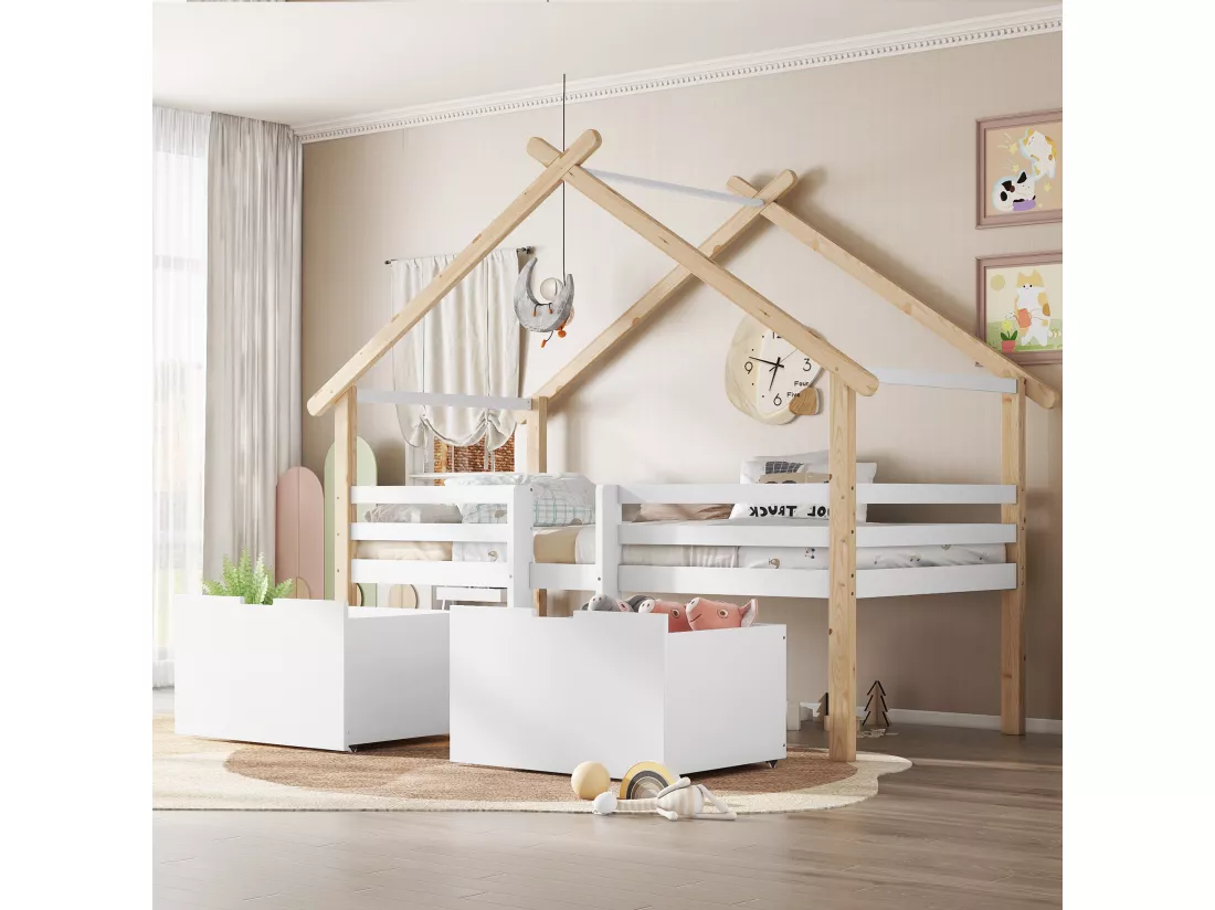 Lit mezzanine en bois 90x200cm - avec 2 tiroirs de rangement - bois massif + MDF - Blanc + Naturel
