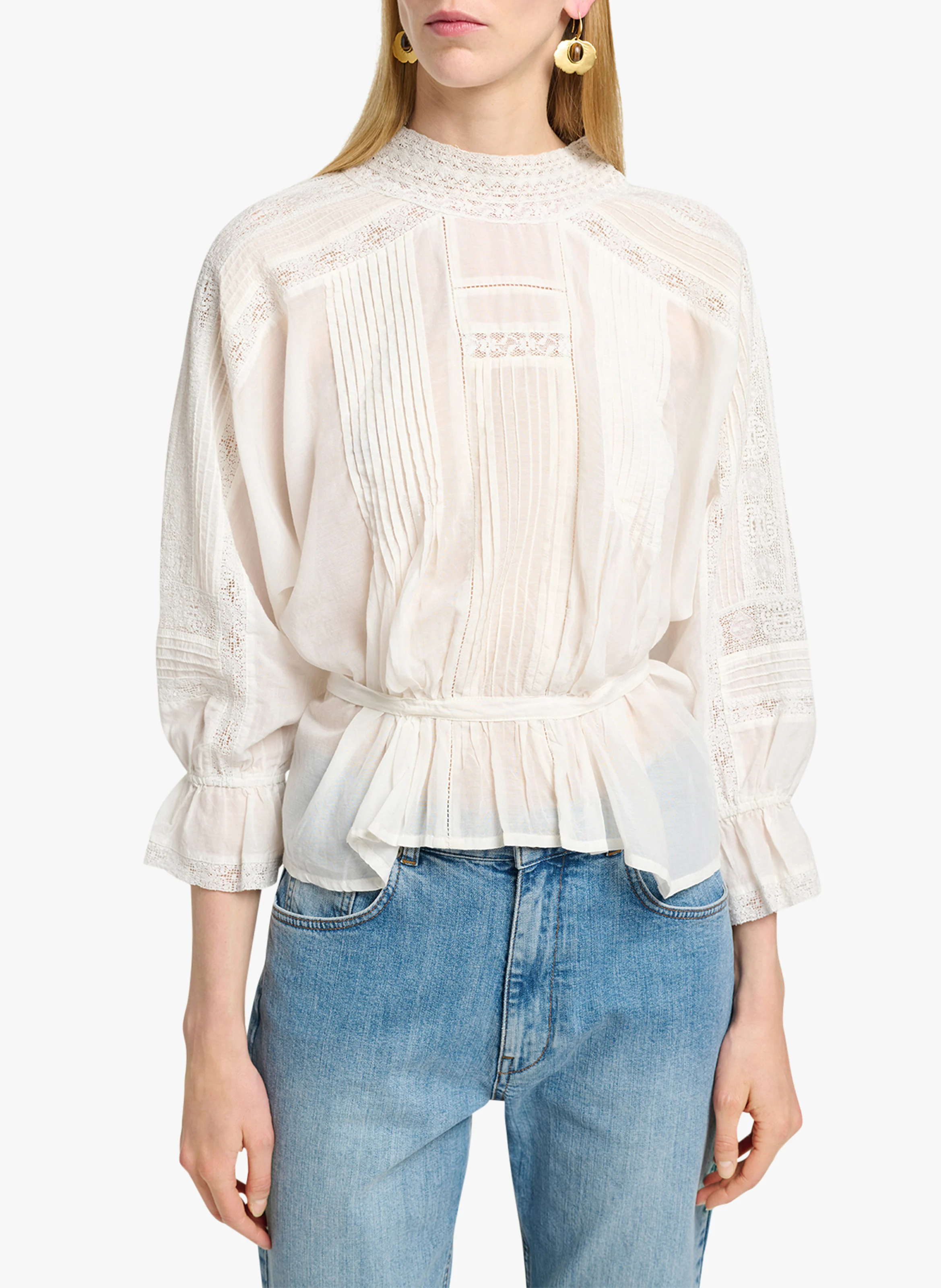 VIVA - Blouse col rond en dentelle et coton mélangé| Blanc