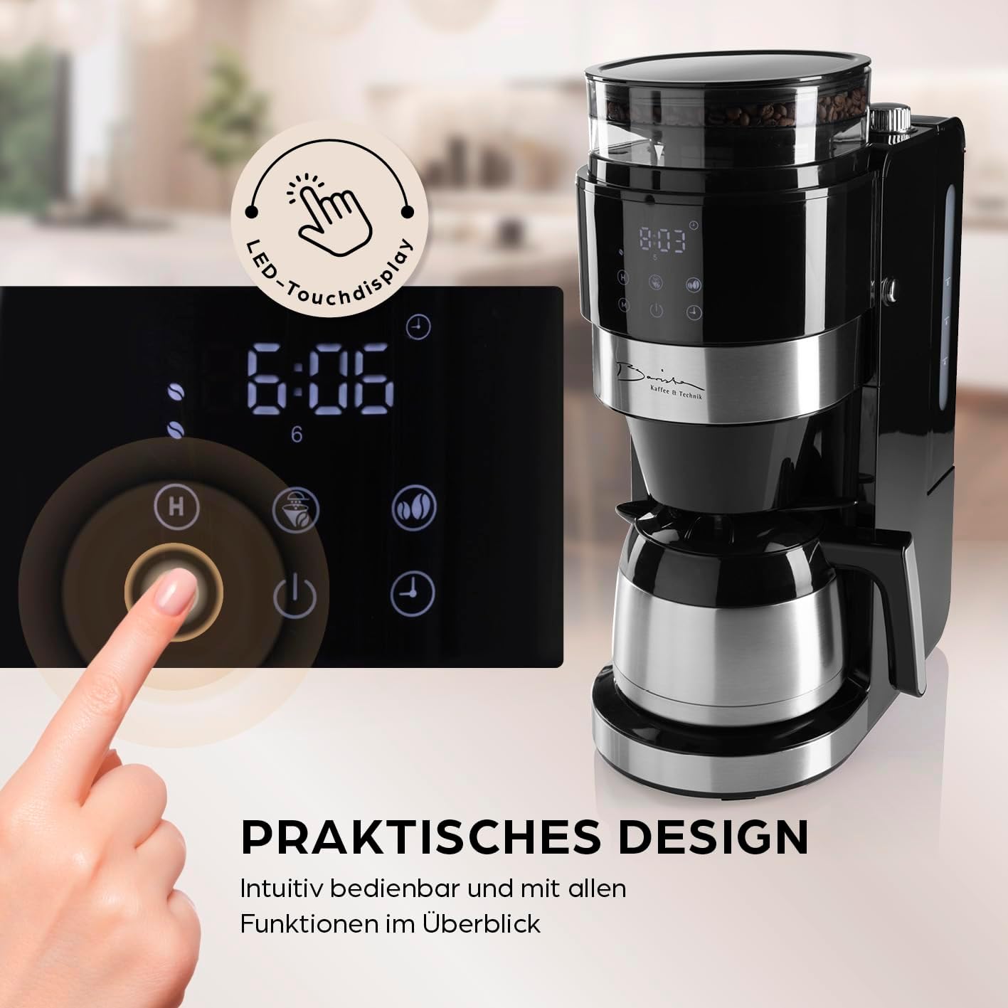 Barista Kaffeemaschine mit digitalem Touch-Display 800W schwarz mit Mahlwerk + Isolierkanne