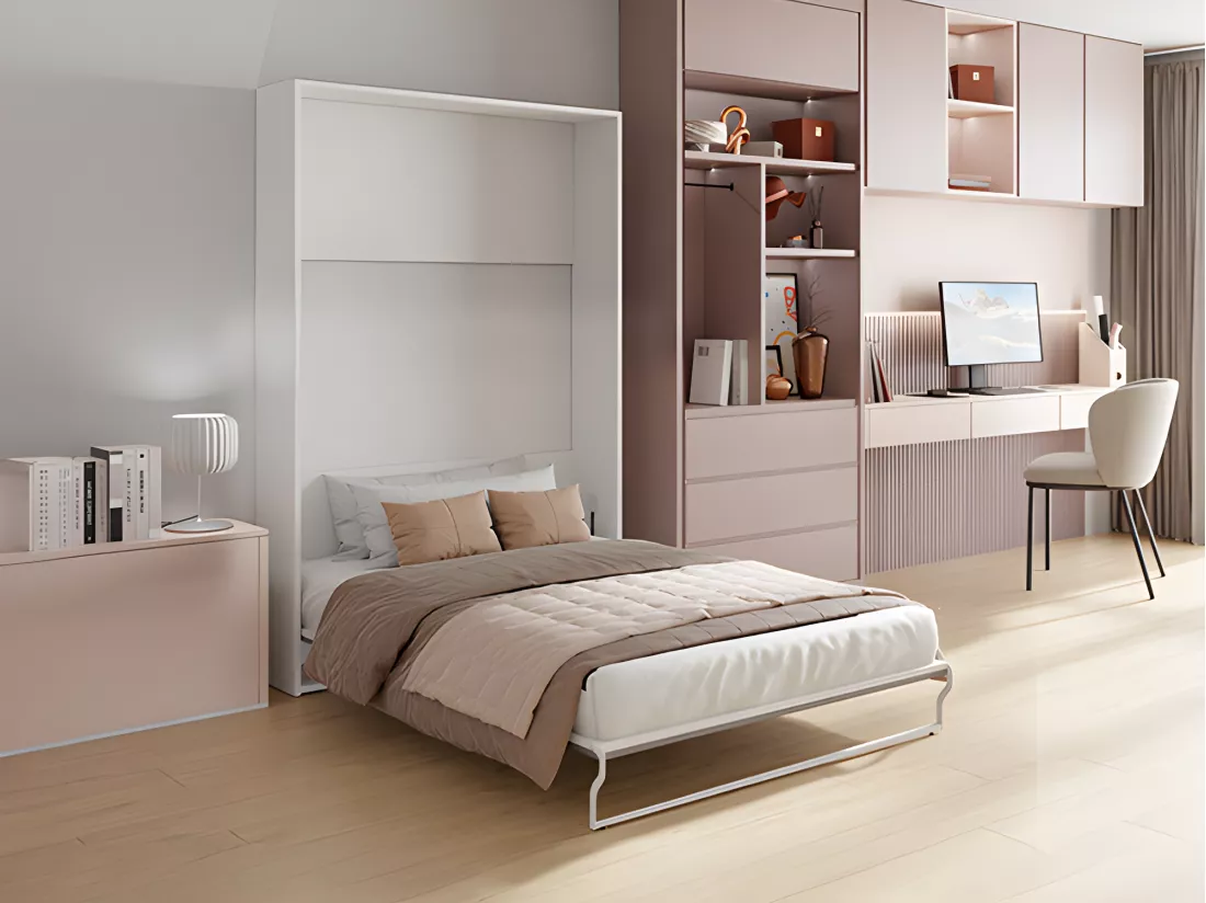 Lit escamotable 140 x 200 cm - Ouverture verticale manuelle - Blanc et gris + matelas - MALINA II