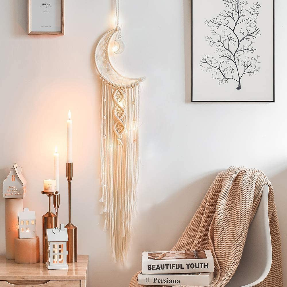 (94x6cm) LED Mond Makramee Traumfänger Boho Home Wand Deko Geknüpftes Hygge Lifestyle Accessoire - Warmweiss