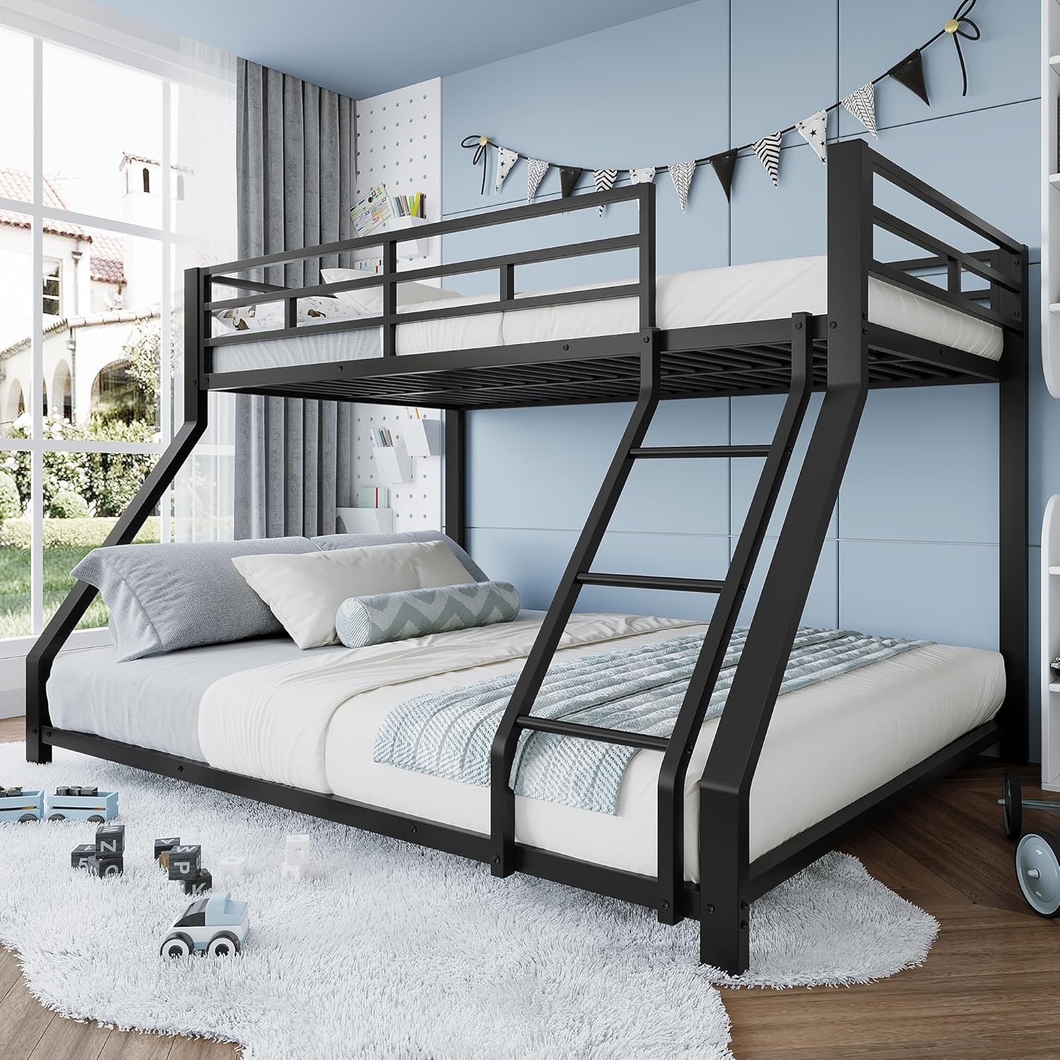 Etagenbett, 90x200cm+140x200 cm, Geländer, Stufe, EN747 Zertifiziert, ohne Matratze, Metall, Schwarz