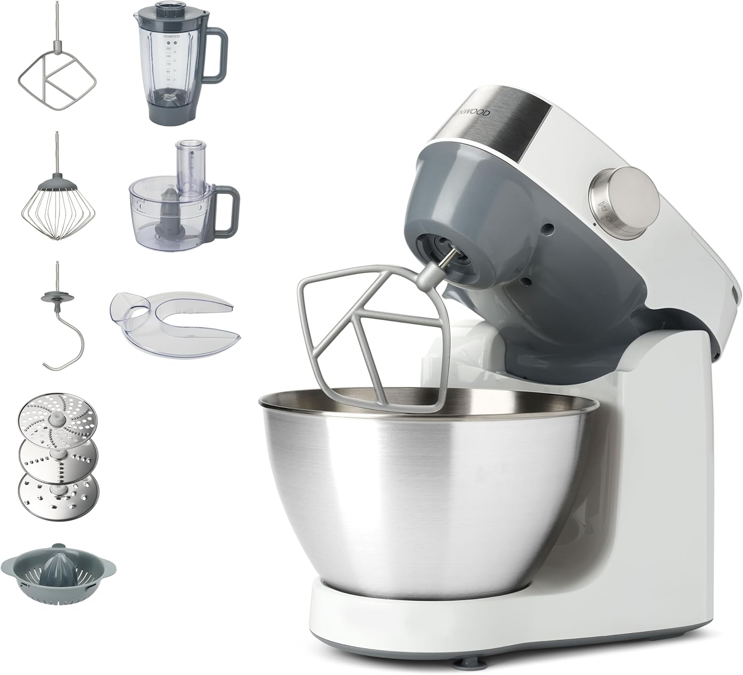 Kenwood Prospero+ KHC29.H0WH Küchenmaschine, 4,3 l Edelstahl Schüssel, 1000 Watt, inkl. 9-teiligem Zubehör-Set mit Zerkleinerer, Acryl-Mixaufsatz, Zitruspresse und mehr, Weiß