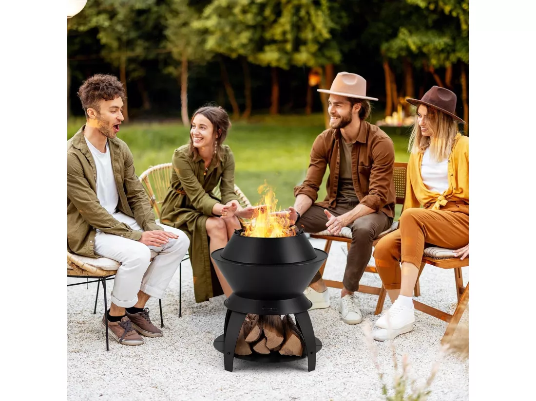 Brasero Foyer de Terrasse 3 en 1 de 50CM, Bol de Feu de CamBoisg en Métal avec Support de Casserole et Étagère de Rangement, Combustion sans Fumée Enrichie en Oxygène