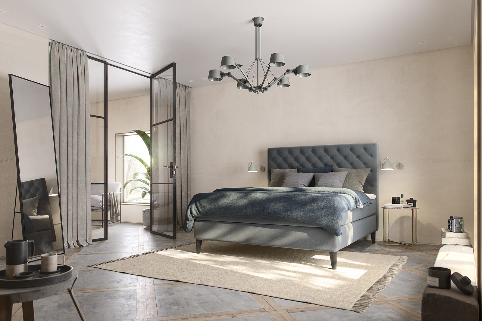 Zilva kontinentalseng 180x200 cm. Tekstil Moment Cloud med Pure Elastec overmadrass og 14 cm sorte Cone ben. Uten hodegavl
