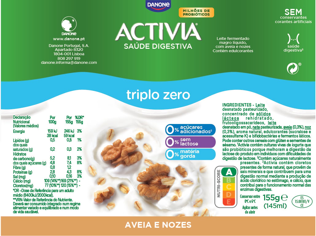 BIFIDUS LÍQUIDO ACTIVIA AVEIA NOZ 000% 4X155G