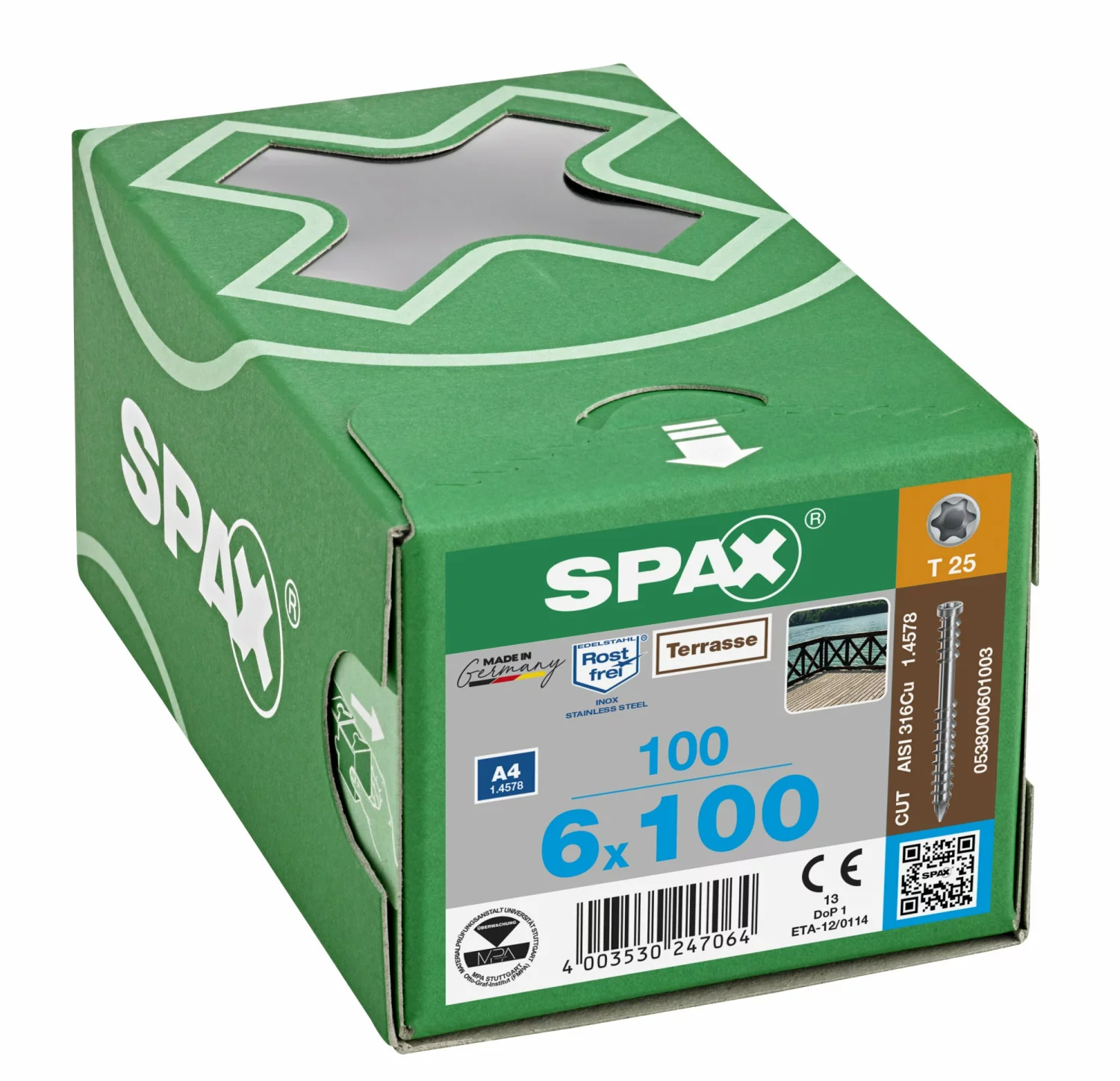 SPAX 538000601003 Terrasschroef, Cilinderkop, 6 x 100, Fixeerschroefdraad, T-STAR plus TX25 - blank - 100 stuks