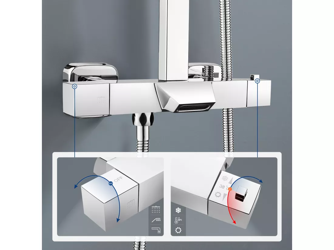 Colonne de Douche Thermostatique Chromée,avec Douche Tête,Pommeau Douche,Mitigeur de Douche Cascade+Porte Serviette Salle Bain Adhésif/Perçage,Brossé