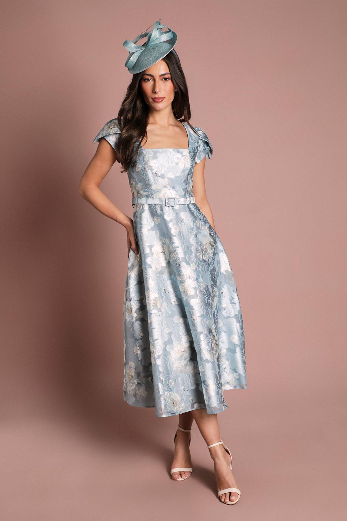 Coast Robe Midi Imprimée À Encolure Carrée Avec Manches Courtes Et Ceinture