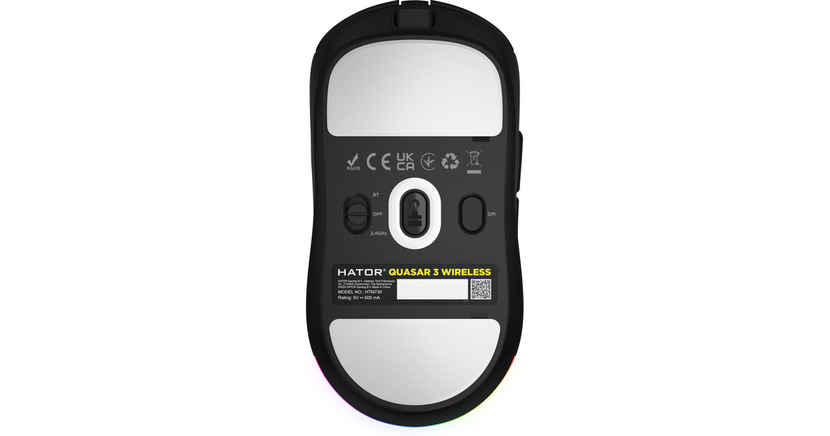 HatorQuasar 3 Wireless gaming muis  (Zwart, 400 - 12.000 DPI, RGB, 2.4GHz / Bluetooth 5.1 / USB)