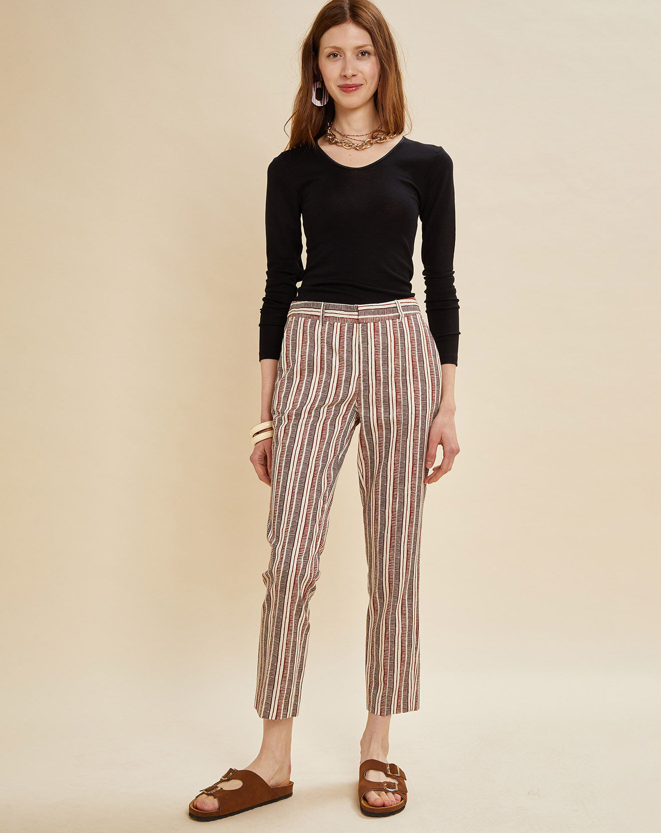 Chloé Stora Pantalon Priscille rayé terre/écru