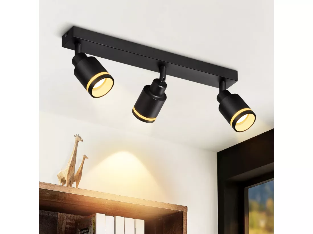 NETTLIFE Plafonnier noir moderne : 3 spots de plafond orientables en métal, plafonnier GU10, pour chambre, salle à manger, sans ampoule