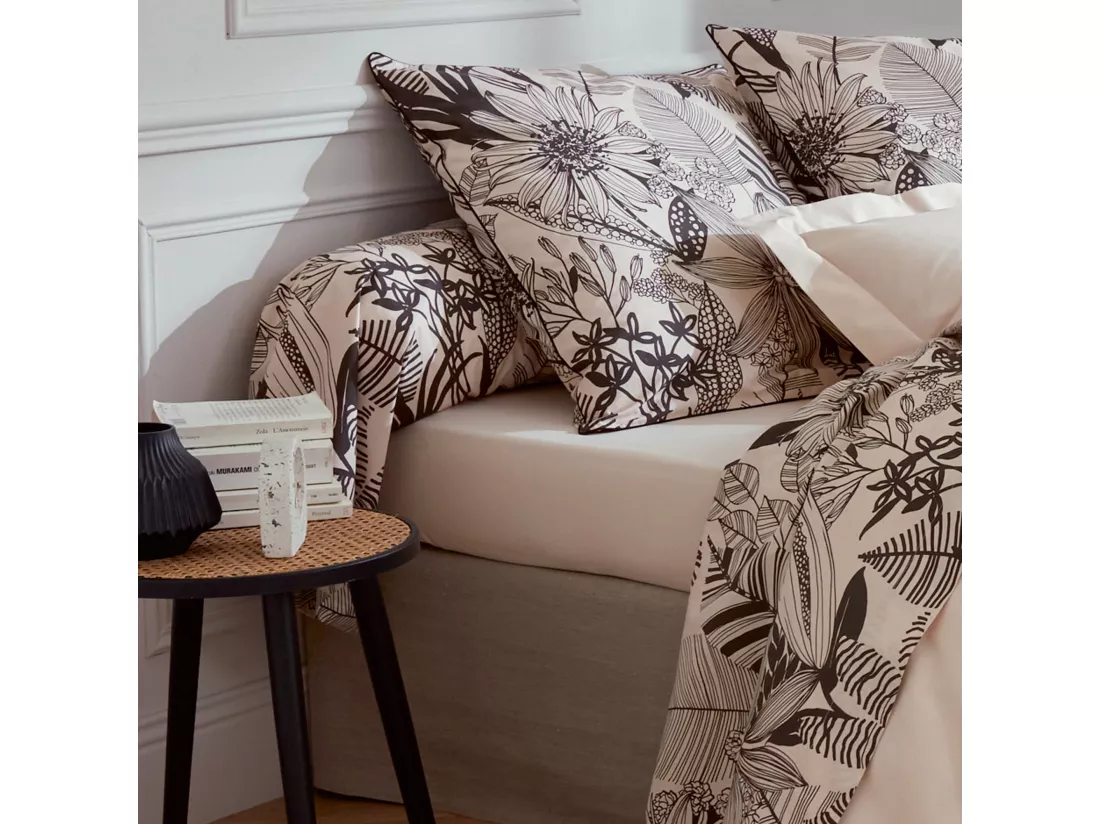 Taie de traversin 200x43 cm percale de coton ALBA beige/noir
