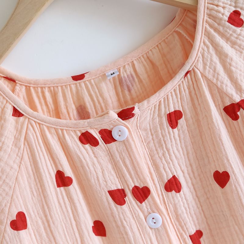 MelMount - Pyjamaset: Top met korte mouwen, ronde hals, hartjesprint en knoopjes + shorts met elastische taille