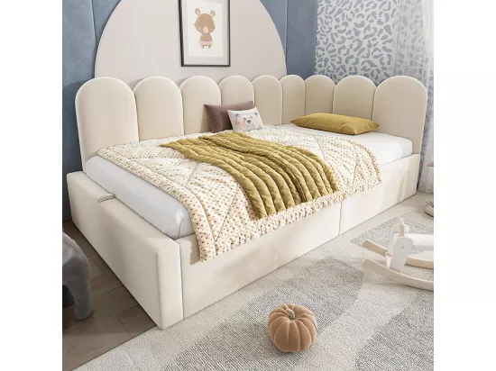 LIT GIGOGNE 90x190 cm,Lit de jour Canapé-lit avec rangement hydraulique, Lit d'enfant Velours, Beige, sans matelas
