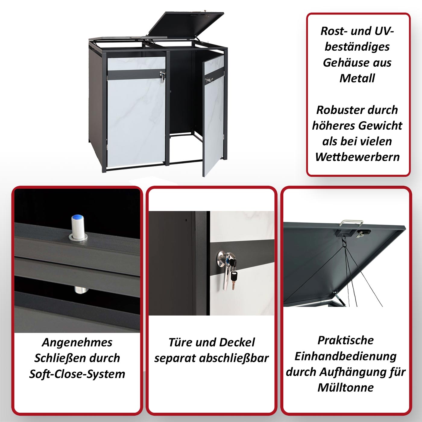 2er Mülltonnenverkleidung MCW-J82, Mülltonnenbox, erweiterbar, Metall 50kg, anthrazit ~ Marmor-Optik dunkel